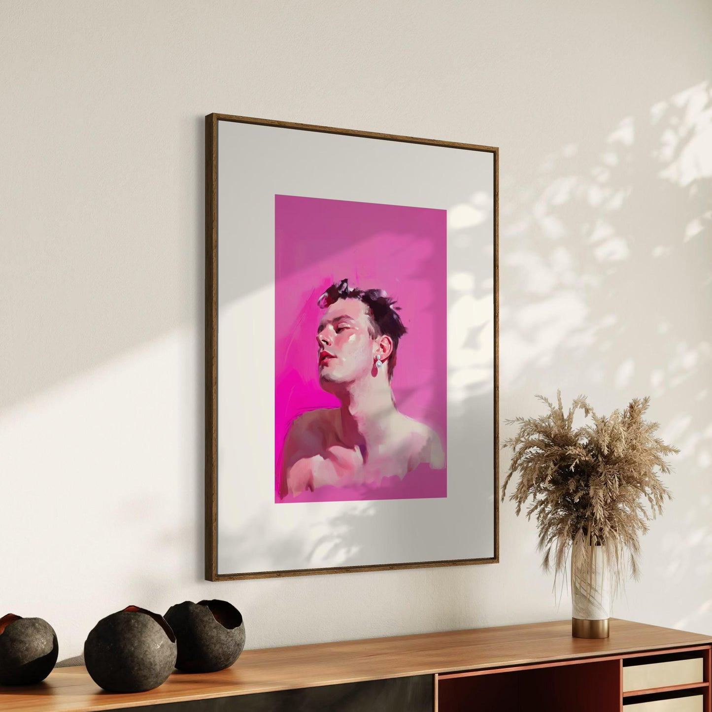 Gay With a Pearl Earring – Queer Portrait Print, Bold Pink Wall Art, Premium Matte Paper Unframed LGBTQ+ Decor