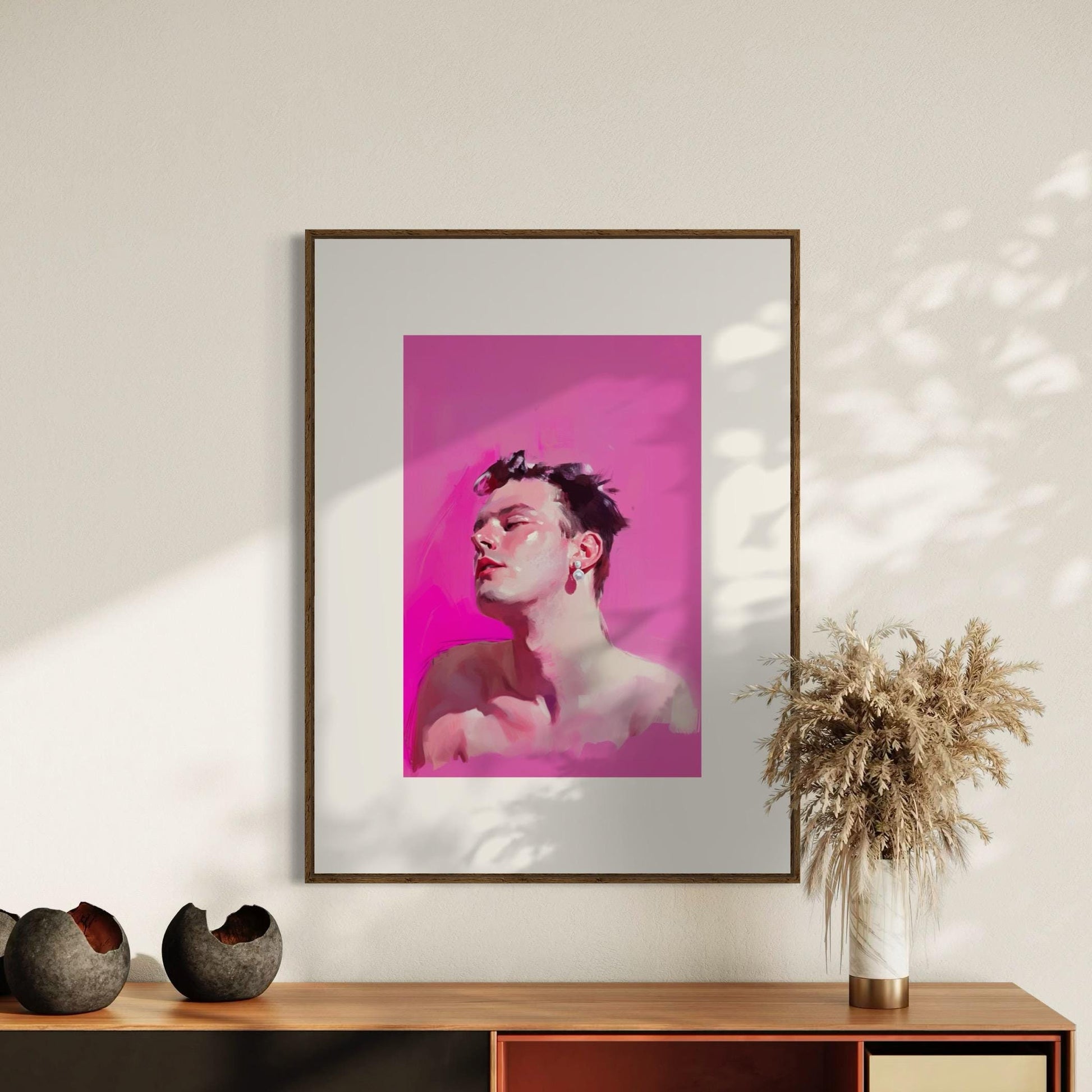 Gay With a Pearl Earring – Queer Portrait Print, Bold Pink Wall Art, Premium Matte Paper Unframed LGBTQ+ Decor