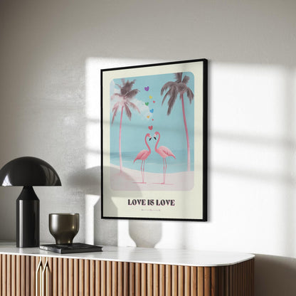 Minimalist Flamingo Wall Art - Love Is Love Print, Rainbow Hearts, Tropical Pride Decor for Queer Community & Allies - Premium Print