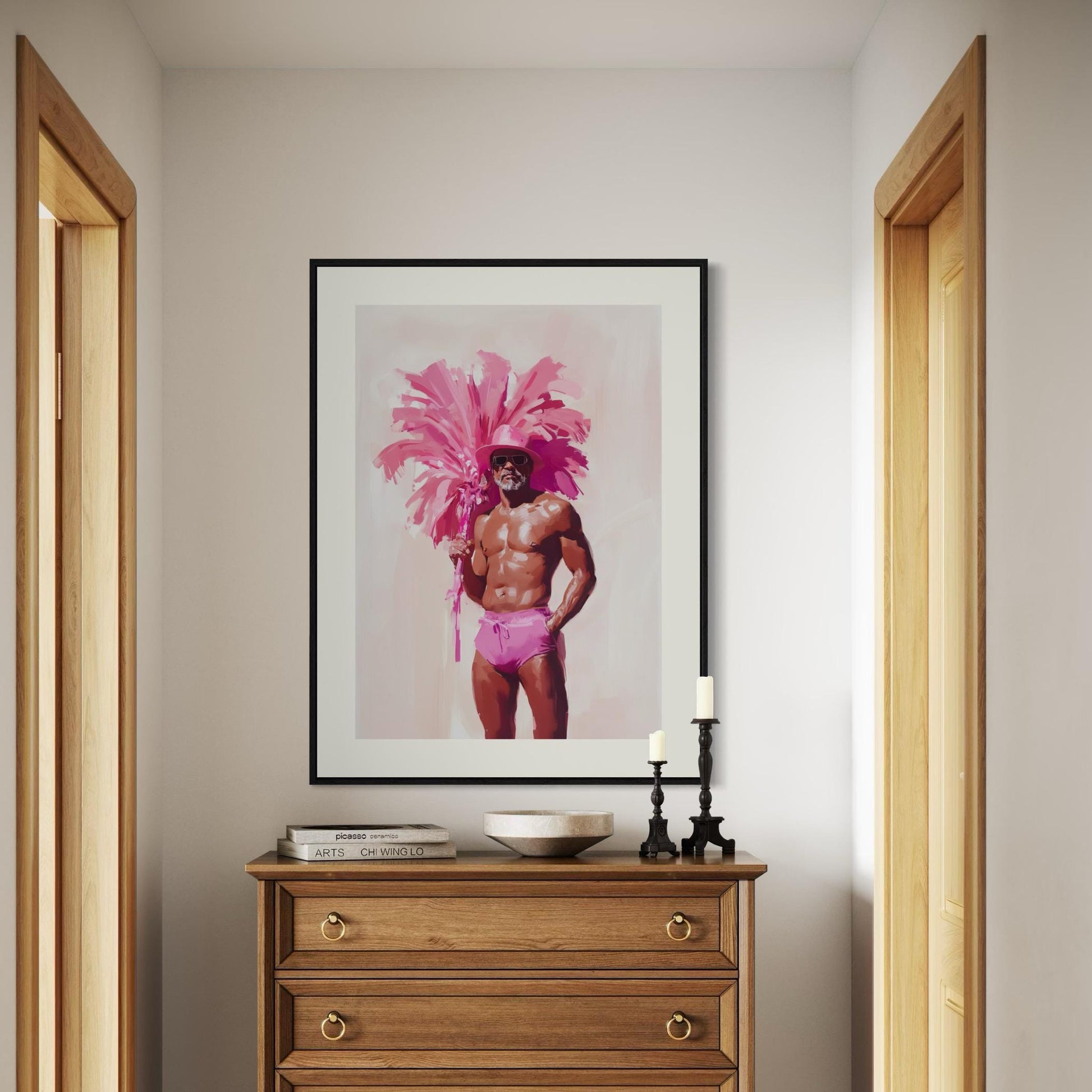 FIESTAAA - Bold and Fabulous Queer Art Print, Pink Feather Statement Artwork, LGBTQ+ Home Décor, Unframed Premium Matte Print