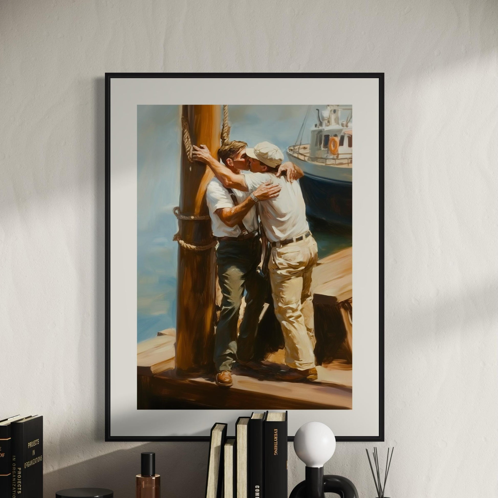 Dockside Farewell Kiss – Queer Oil Painting Print | Romantic LGBTQ+ Nautical Wall Art | Premium Matte Unframed Art Print for Home Decor