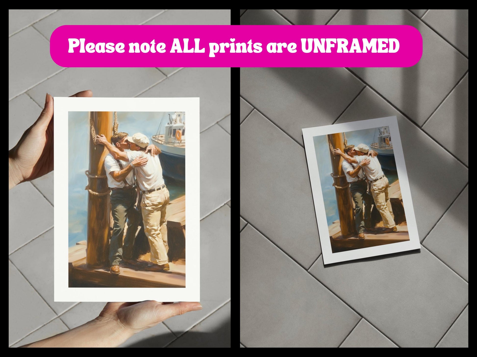 Dockside Farewell Kiss – Queer Oil Painting Print | Romantic LGBTQ+ Nautical Wall Art | Premium Matte Unframed Art Print for Home Decor