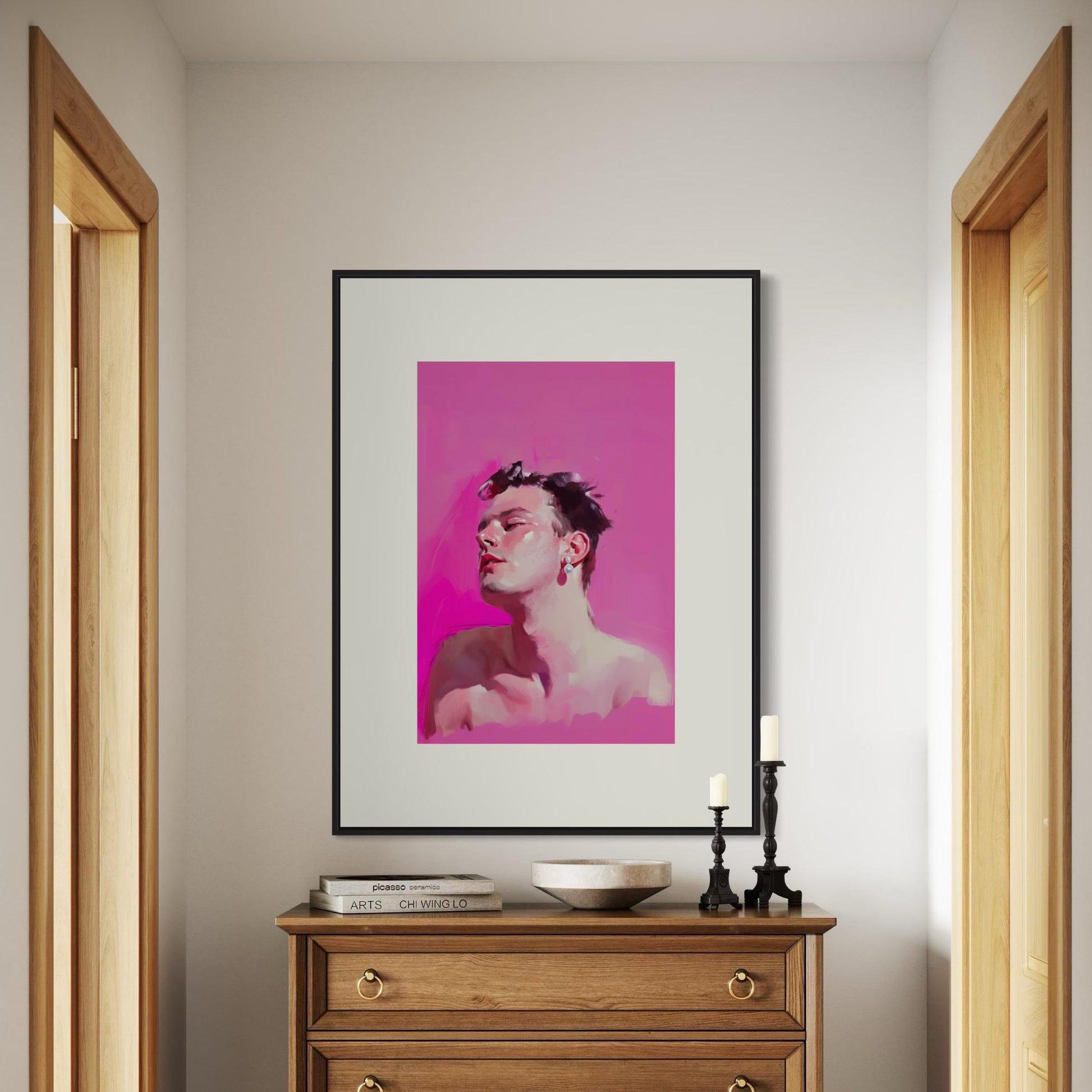 Gay With a Pearl Earring – Queer Portrait Print, Bold Pink Wall Art, Premium Matte Paper Unframed LGBTQ+ Decor