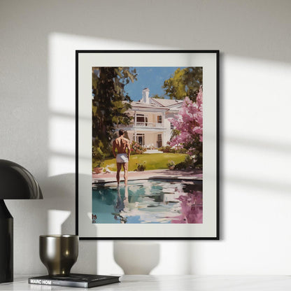 Reflections of Desire – LGBTQ+ Oil Painting Print | Gay Art Print | Queer Luxury Aesthetic | Poolside Elegance | 200gsm Unframed Print