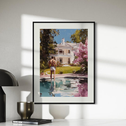 Reflections of Desire – LGBTQ+ Oil Painting Print | Gay Art Print | Queer Luxury Aesthetic | Poolside Elegance | 200gsm Unframed Print