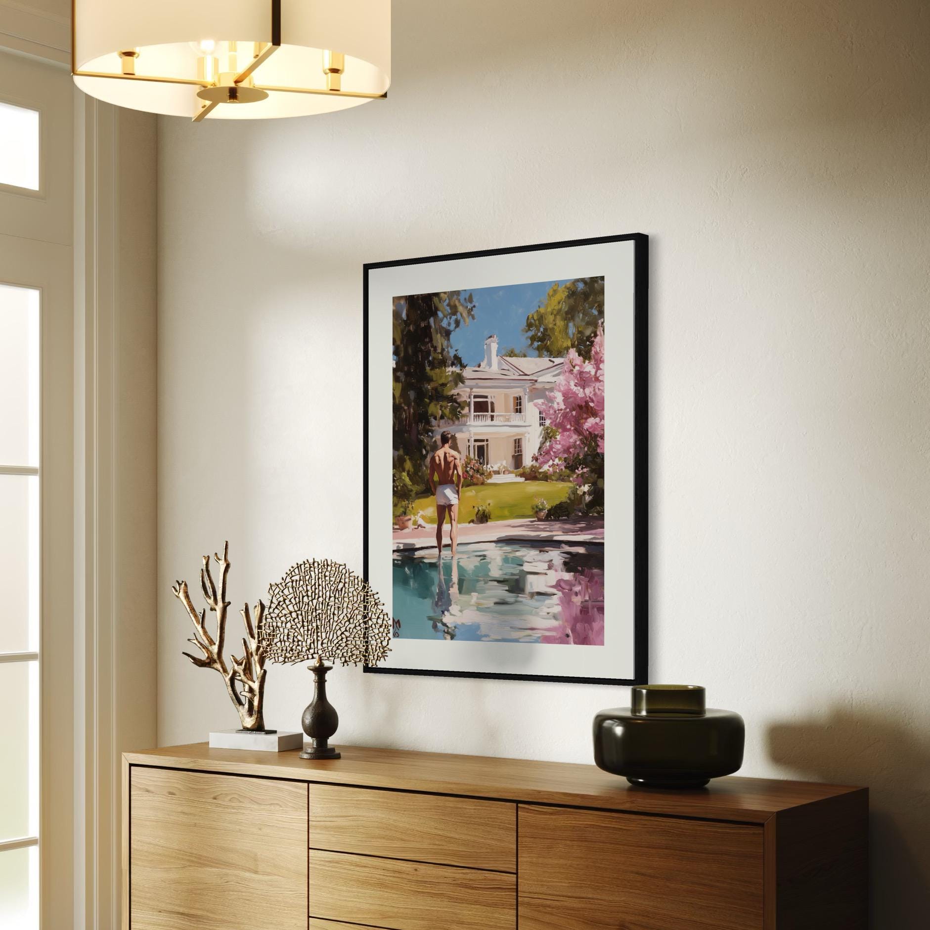 Reflections of Desire – LGBTQ+ Oil Painting Print | Gay Art Print | Queer Luxury Aesthetic | Poolside Elegance | 200gsm Unframed Print