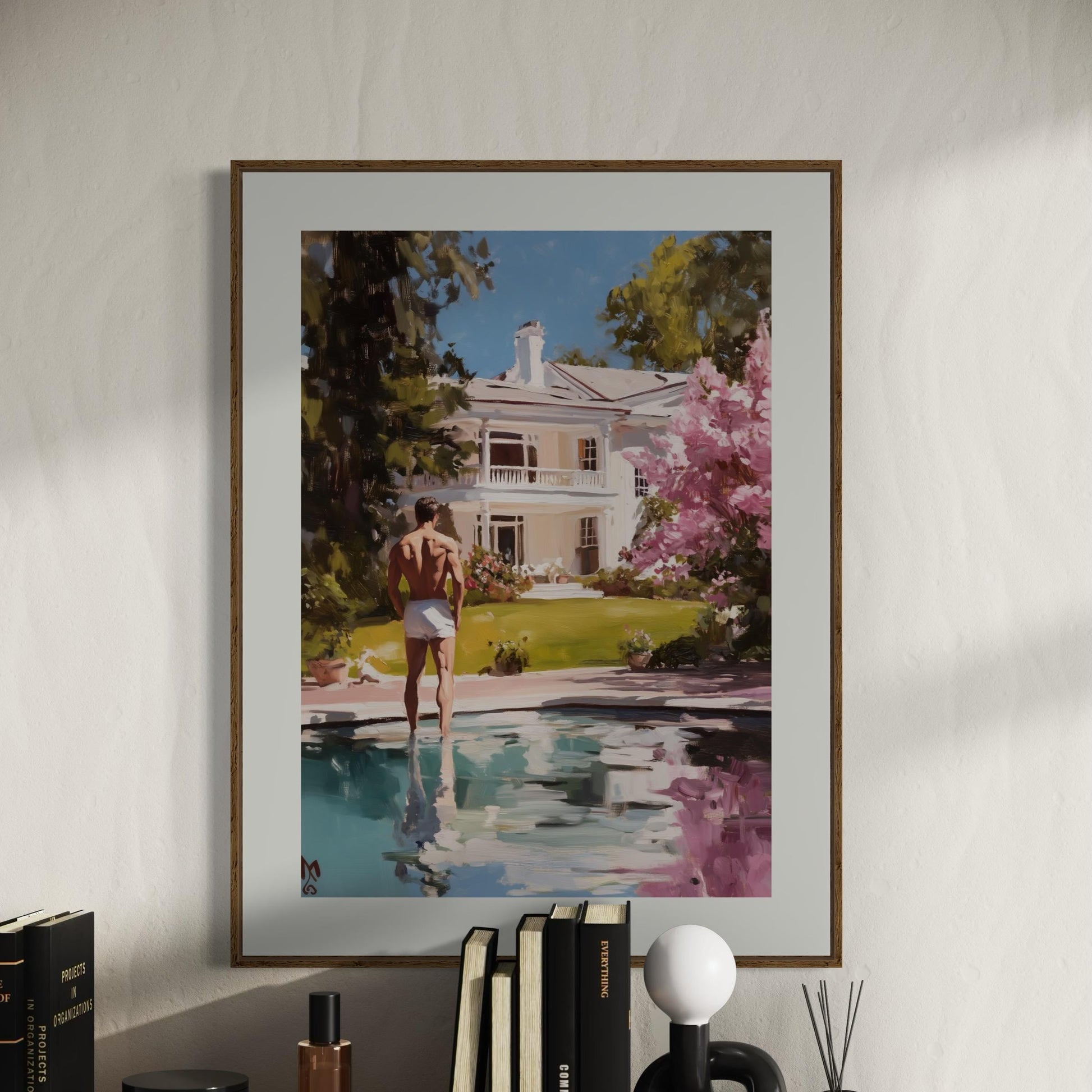 Reflections of Desire – LGBTQ+ Oil Painting Print | Gay Art Print | Queer Luxury Aesthetic | Poolside Elegance | 200gsm Unframed Print