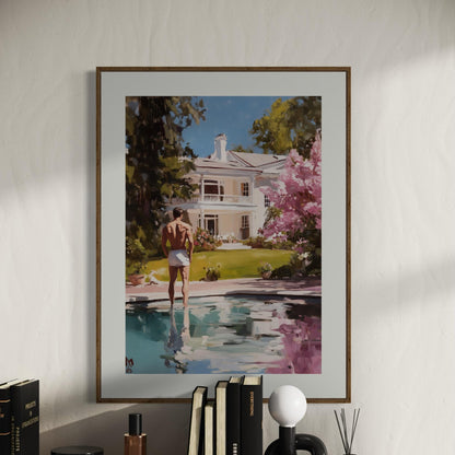 Reflections of Desire – LGBTQ+ Oil Painting Print | Gay Art Print | Queer Luxury Aesthetic | Poolside Elegance | 200gsm Unframed Print