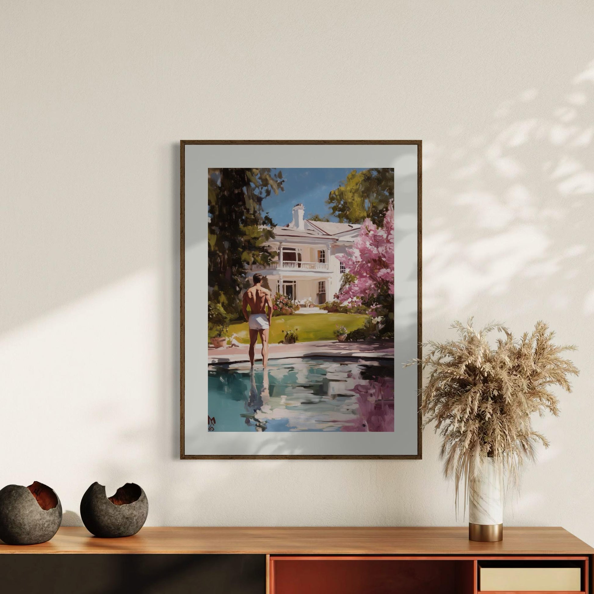 Reflections of Desire – LGBTQ+ Oil Painting Print | Gay Art Print | Queer Luxury Aesthetic | Poolside Elegance | 200gsm Unframed Print