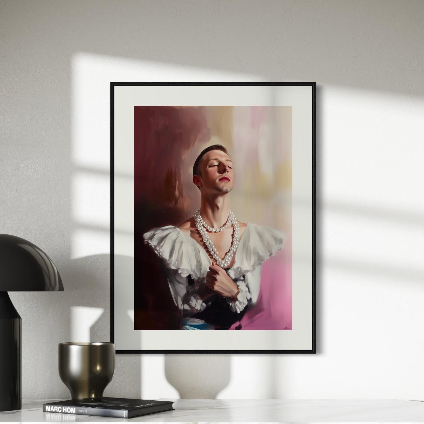 Pearl Daydream – Elegant Queer Oil Painting Print | LGBTQ+ Art | Vintage Glam Wall Art | Baroque Aesthetic | 200gsm Unframed Print