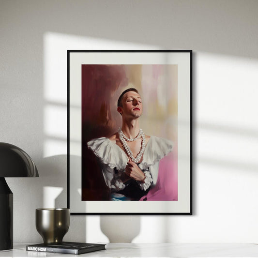 Pearl Daydream – Elegant Queer Oil Painting Print | LGBTQ+ Art | Vintage Glam Wall Art | Baroque Aesthetic | 200gsm Unframed Print