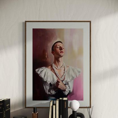 Pearl Daydream – Elegant Queer Oil Painting Print | LGBTQ+ Art | Vintage Glam Wall Art | Baroque Aesthetic | 200gsm Unframed Print