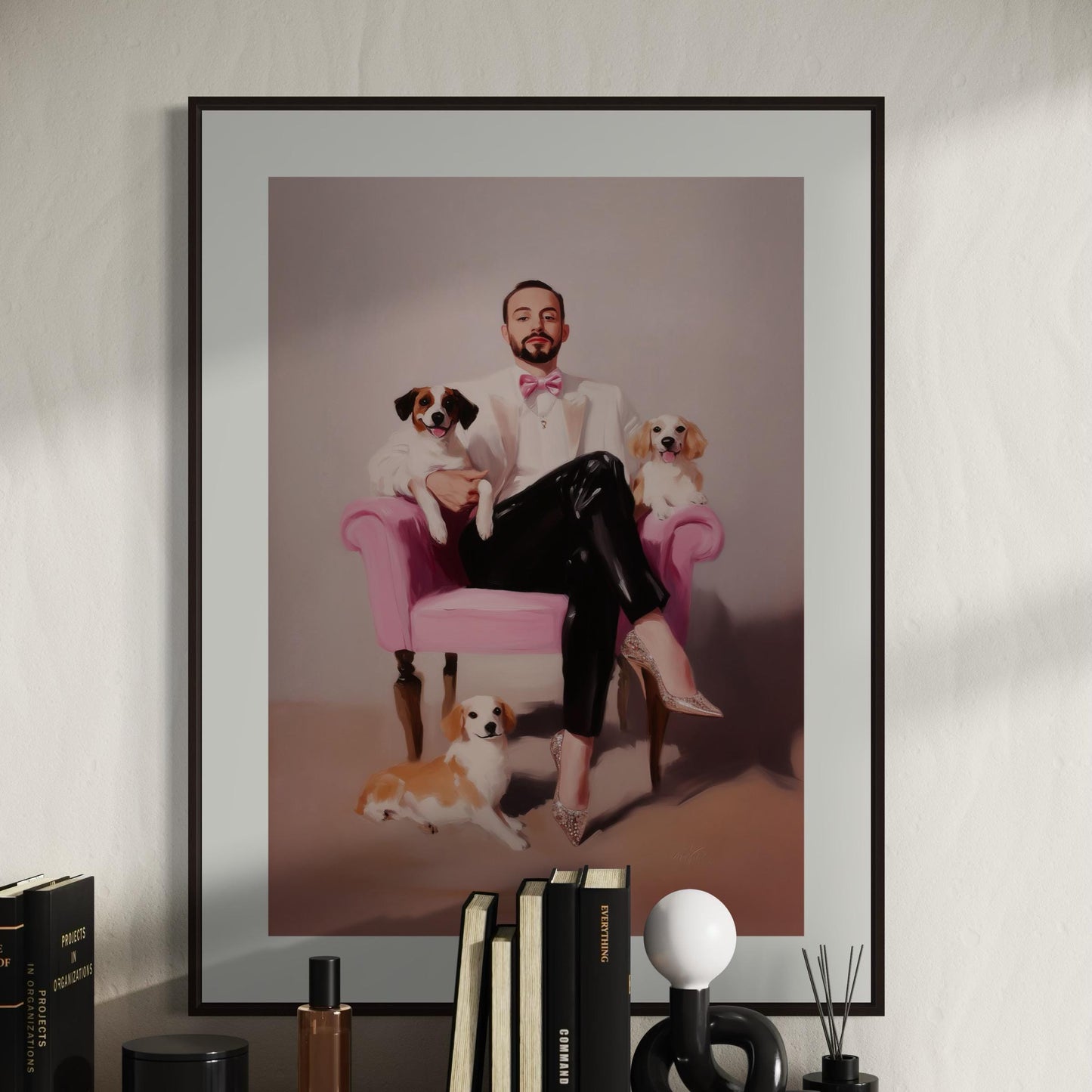 Paws & Poise – Queer Oil Painting Print | LGBTQ+ Art | Glamorous Gay Home Decor | Elegant Dog Lover Wall Art | 200gsm Unframed Print