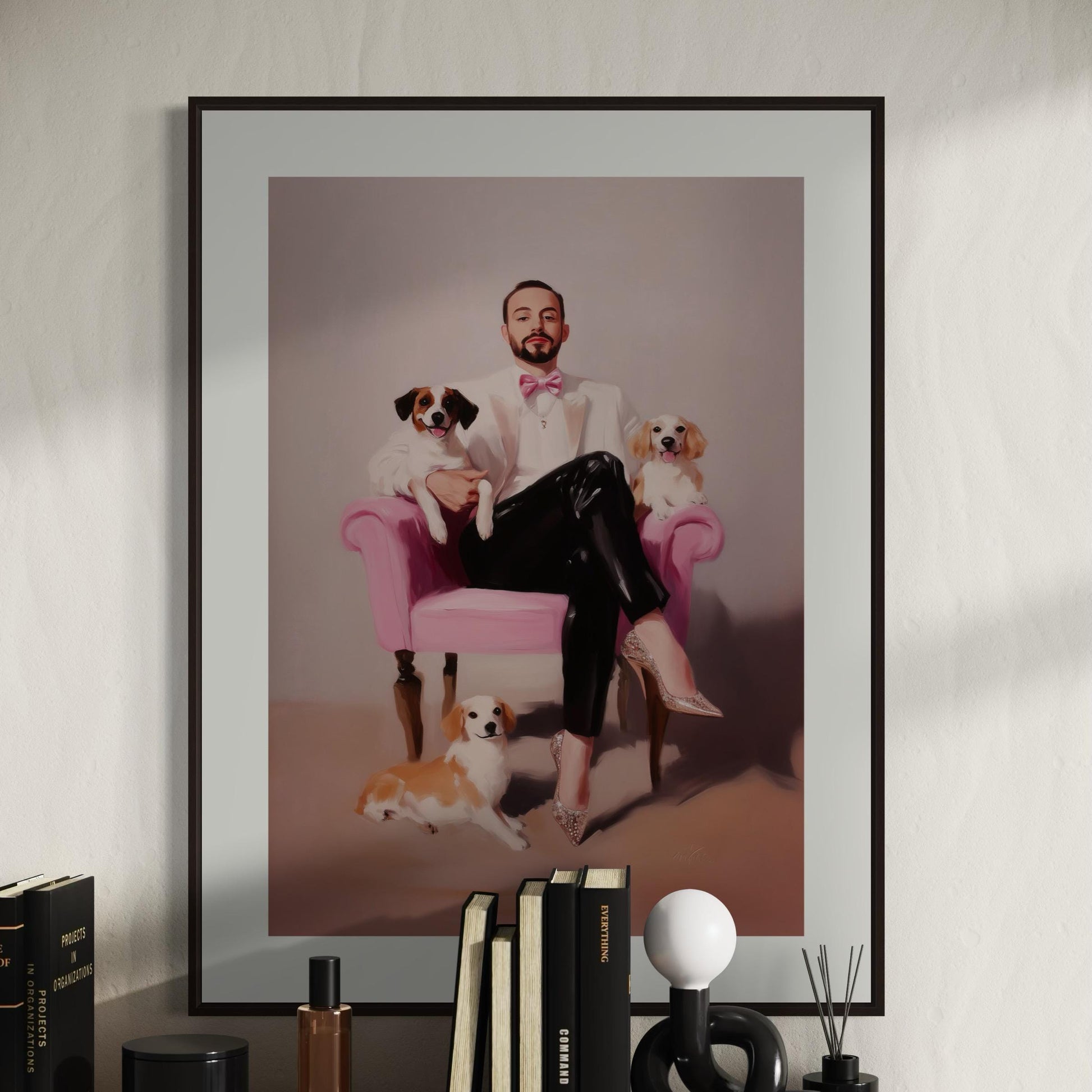 Paws & Poise – Queer Oil Painting Print | LGBTQ+ Art | Glamorous Gay Home Decor | Elegant Dog Lover Wall Art | 200gsm Unframed Print