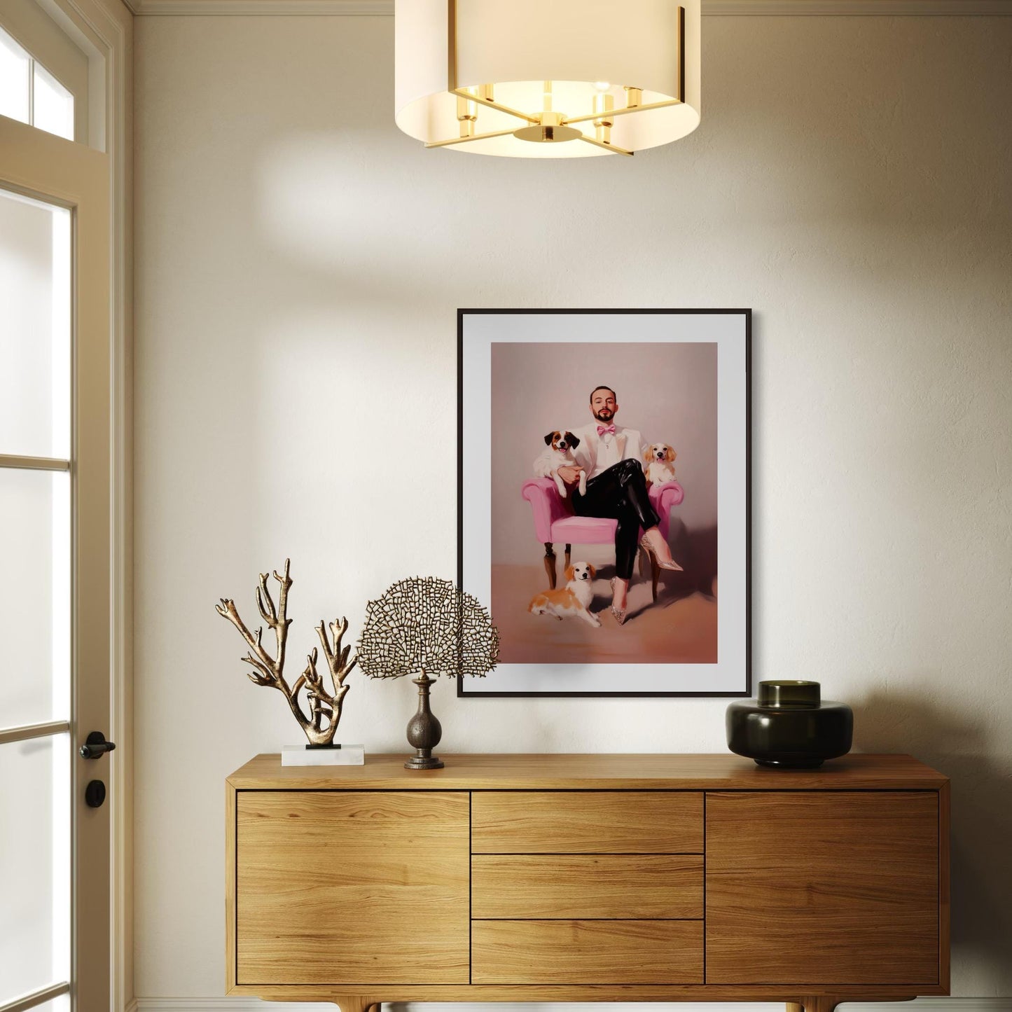 Paws & Poise – Queer Oil Painting Print | LGBTQ+ Art | Glamorous Gay Home Decor | Elegant Dog Lover Wall Art | 200gsm Unframed Print