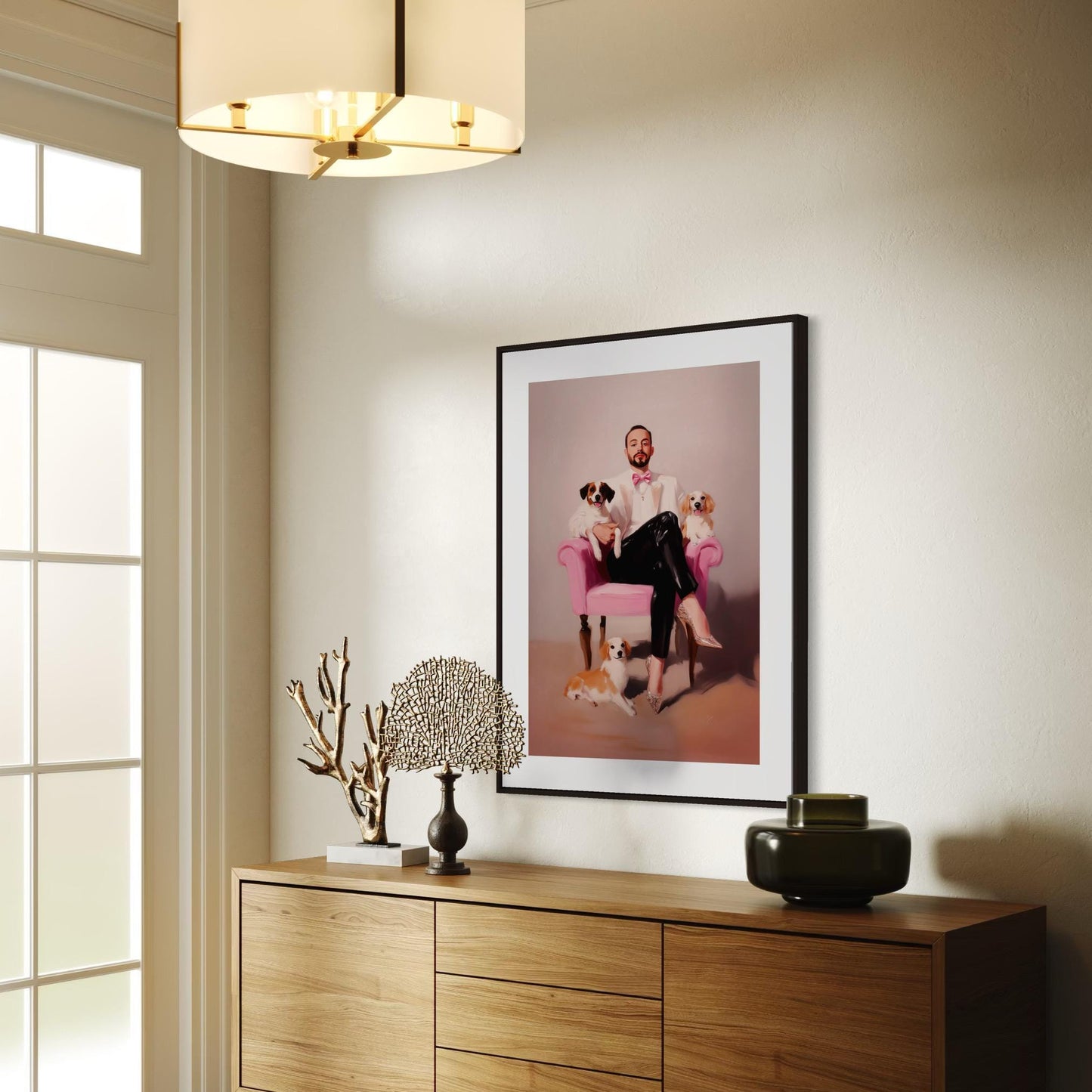 Paws & Poise – Queer Oil Painting Print | LGBTQ+ Art | Glamorous Gay Home Decor | Elegant Dog Lover Wall Art | 200gsm Unframed Print