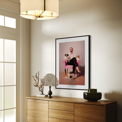 Paws & Poise – Queer Oil Painting Print | LGBTQ+ Art | Glamorous Gay Home Decor | Elegant Dog Lover Wall Art | 200gsm Unframed Print