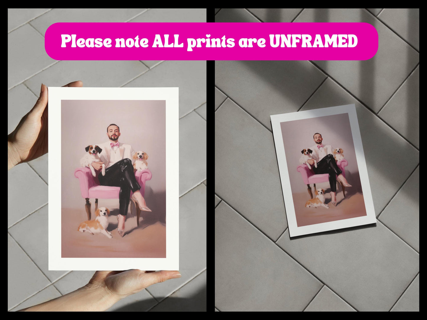 Paws & Poise – Queer Oil Painting Print | LGBTQ+ Art | Glamorous Gay Home Decor | Elegant Dog Lover Wall Art | 200gsm Unframed Print