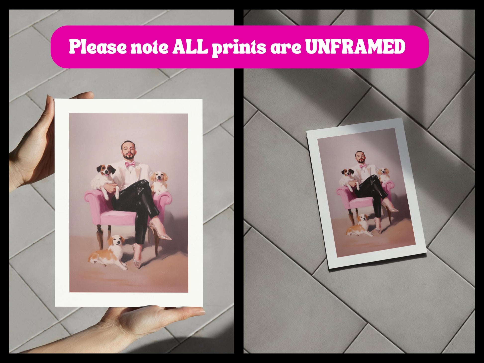 Paws & Poise – Queer Oil Painting Print | LGBTQ+ Art | Glamorous Gay Home Decor | Elegant Dog Lover Wall Art | 200gsm Unframed Print