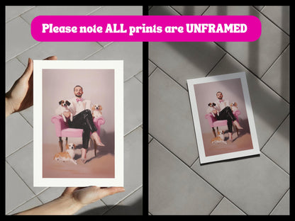 Paws & Poise – Queer Oil Painting Print | LGBTQ+ Art | Glamorous Gay Home Decor | Elegant Dog Lover Wall Art | 200gsm Unframed Print