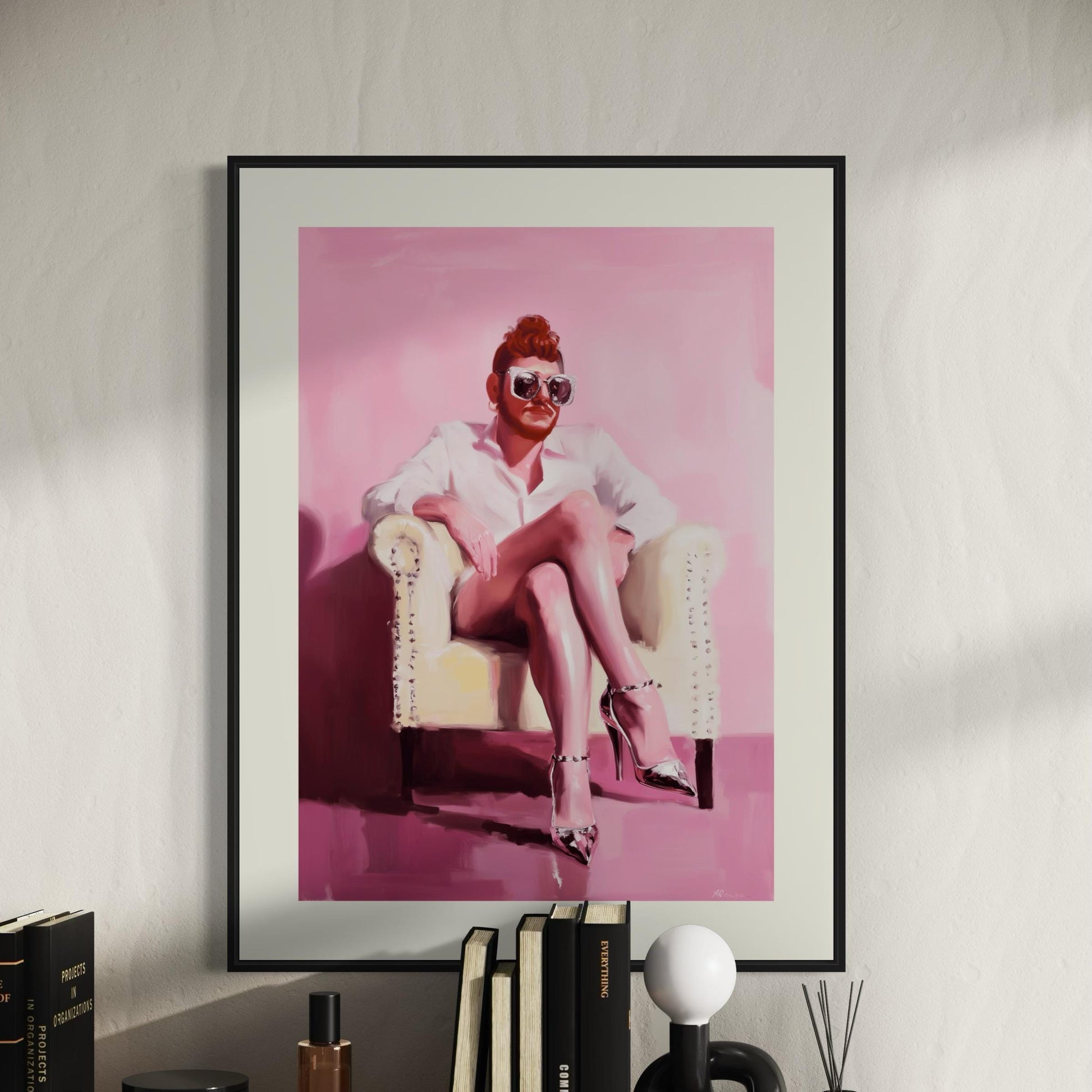 The Power Seat – Queer Oil Painting Print | Bold LGBTQ+ Art | Drag Glam Wall Decor | Androgynous Aesthetic | High Fashion Unframed Print