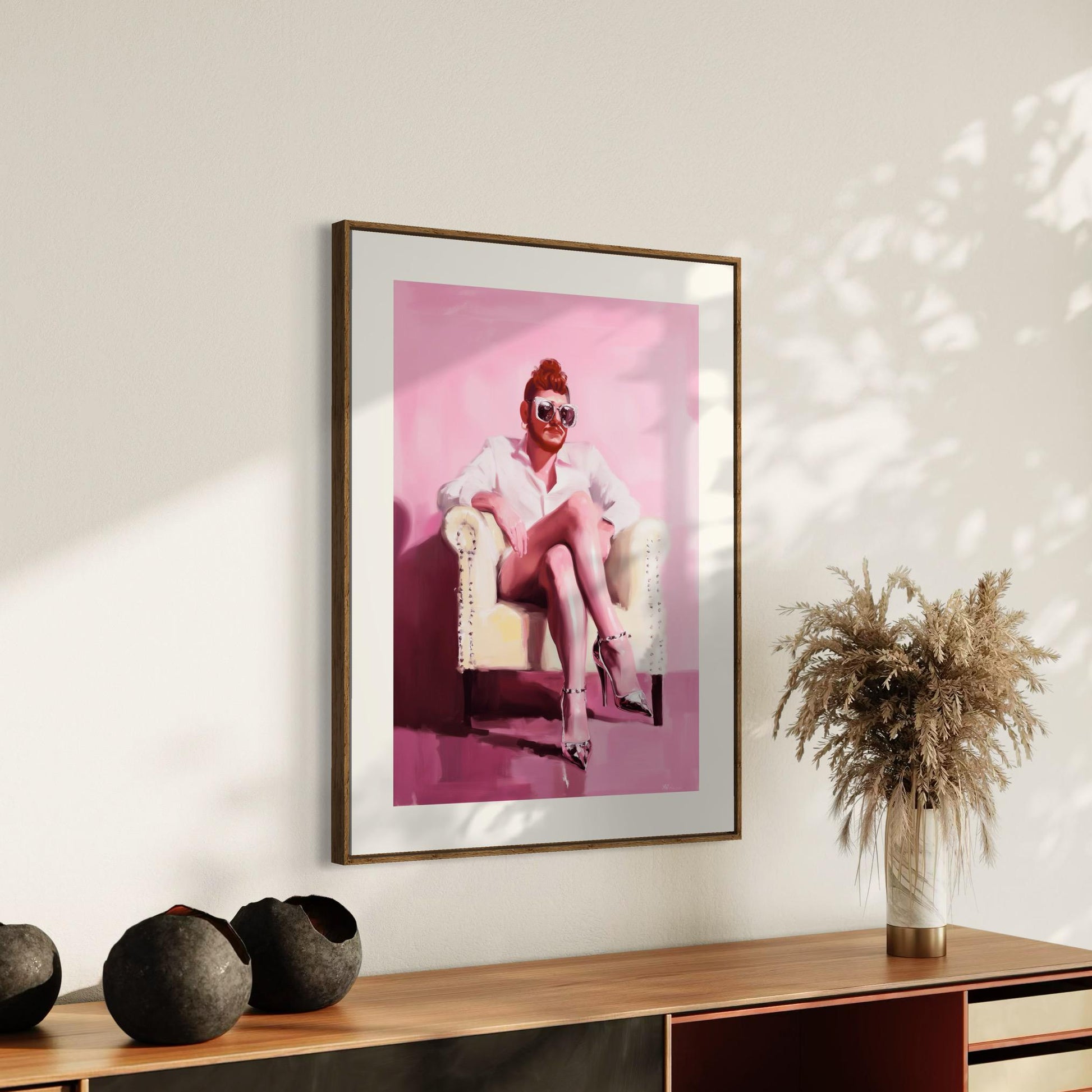 The Power Seat – Queer Oil Painting Print | Bold LGBTQ+ Art | Drag Glam Wall Decor | Androgynous Aesthetic | High Fashion Unframed Print