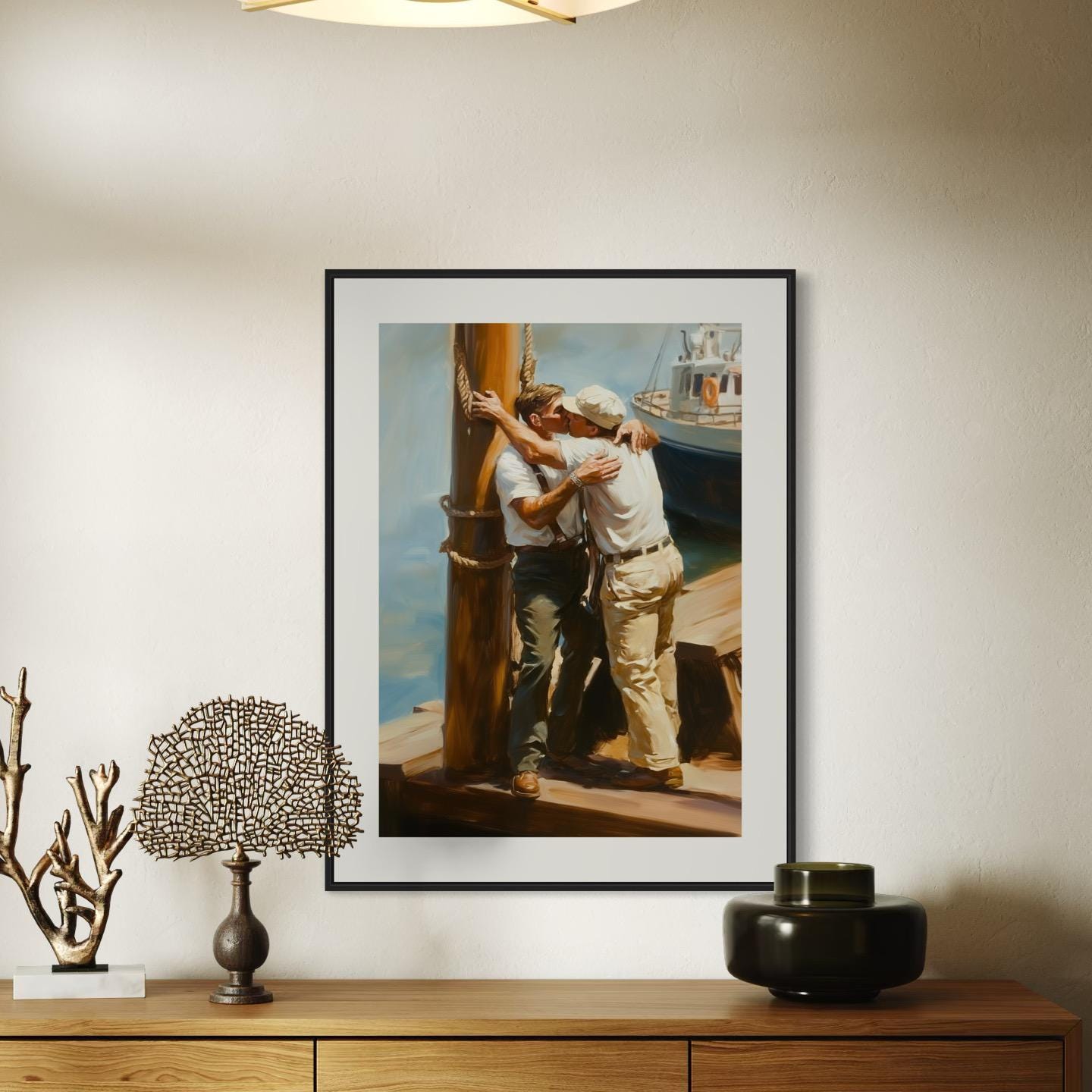 Dockside Farewell Kiss – Queer Oil Painting Print | Romantic LGBTQ+ Nautical Wall Art | Premium Matte Unframed Art Print for Home Decor