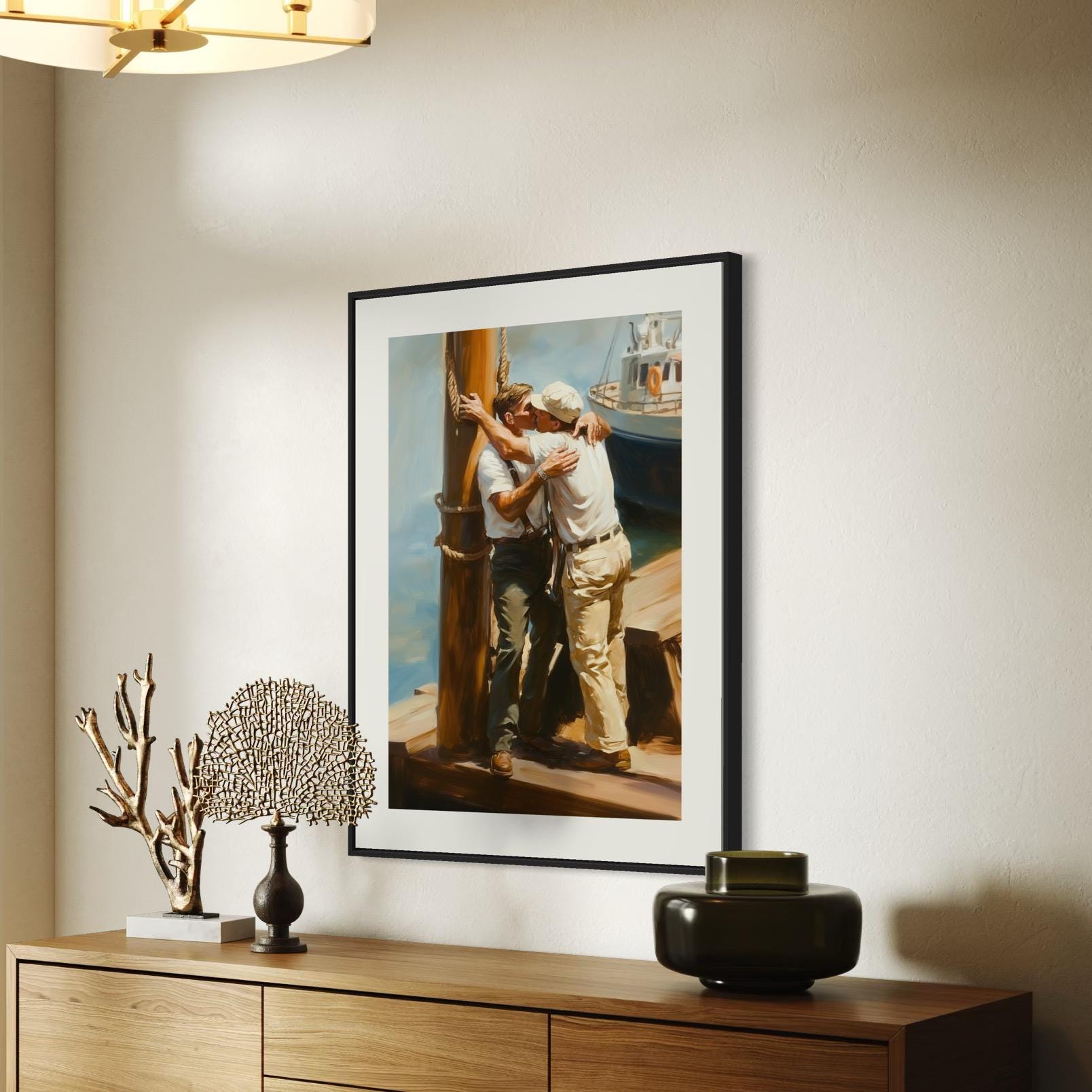 Dockside Farewell Kiss – Queer Oil Painting Print | Romantic LGBTQ+ Nautical Wall Art | Premium Matte Unframed Art Print for Home Decor