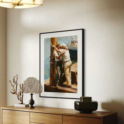 Dockside Farewell Kiss – Queer Oil Painting Print | Romantic LGBTQ+ Nautical Wall Art | Premium Matte Unframed Art Print for Home Decor