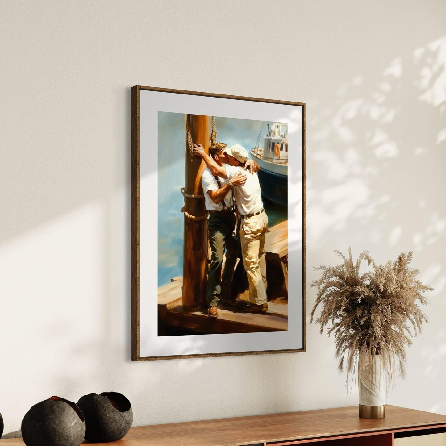 Dockside Farewell Kiss – Queer Oil Painting Print | Romantic LGBTQ+ Nautical Wall Art | Premium Matte Unframed Art Print for Home Decor