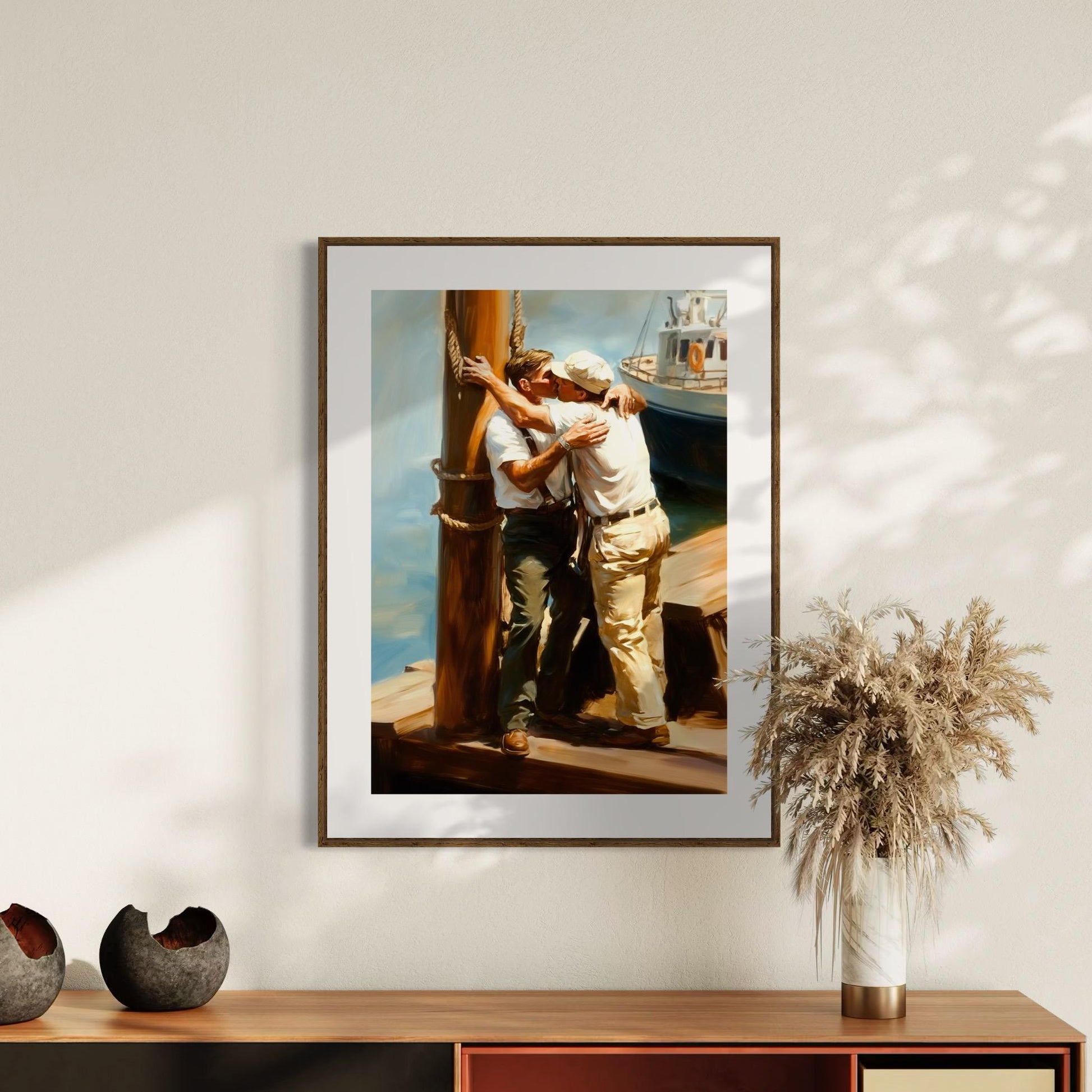 Dockside Farewell Kiss – Queer Oil Painting Print | Romantic LGBTQ+ Nautical Wall Art | Premium Matte Unframed Art Print for Home Decor
