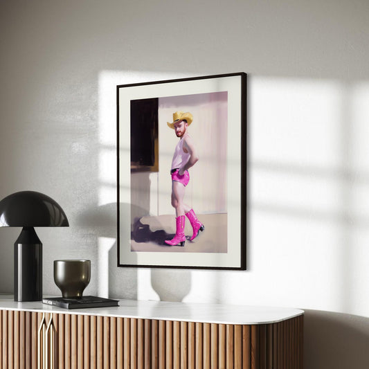 Cowboy Strut – Gay Art Print, Camp Western Decor, Pink Boots, LGBTQ+ Wall Art, Queer Aesthetic, Pride Art, Country Chic Poster