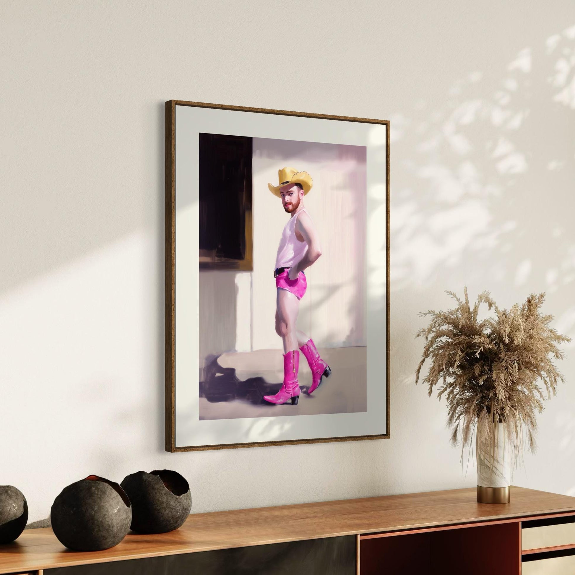 Cowboy Strut – Gay Art Print, Camp Western Decor, Pink Boots, LGBTQ+ Wall Art, Queer Aesthetic, Pride Art, Country Chic Poster