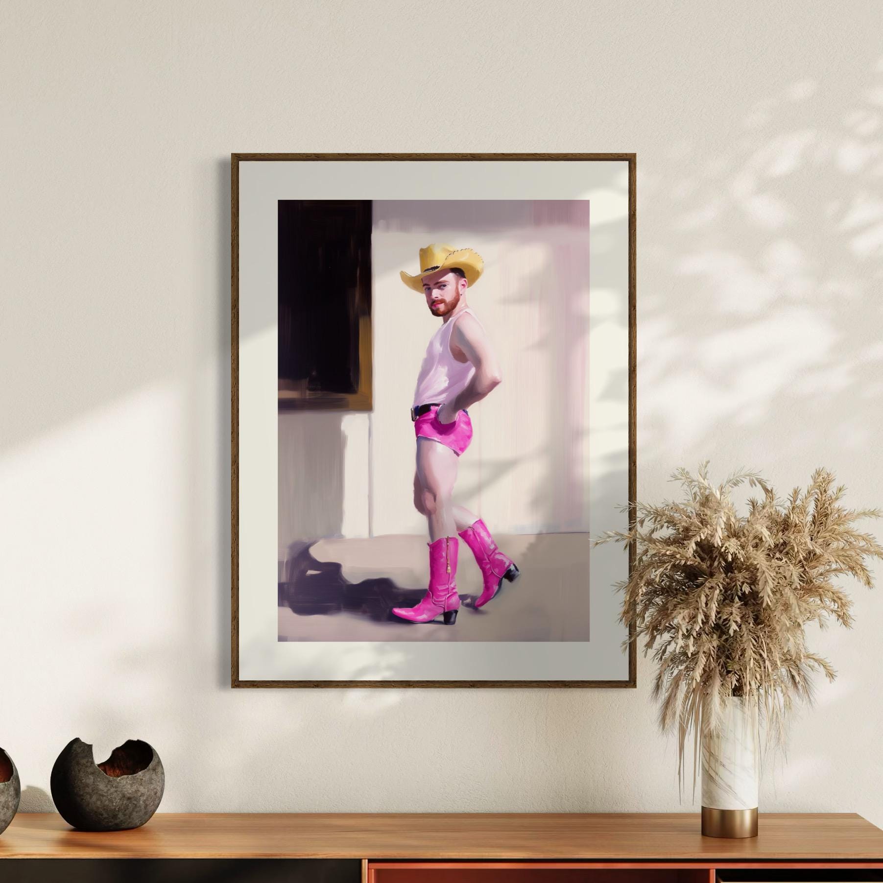 Cowboy Strut – Gay Art Print, Camp Western Decor, Pink Boots, LGBTQ+ Wall Art, Queer Aesthetic, Pride Art, Country Chic Poster