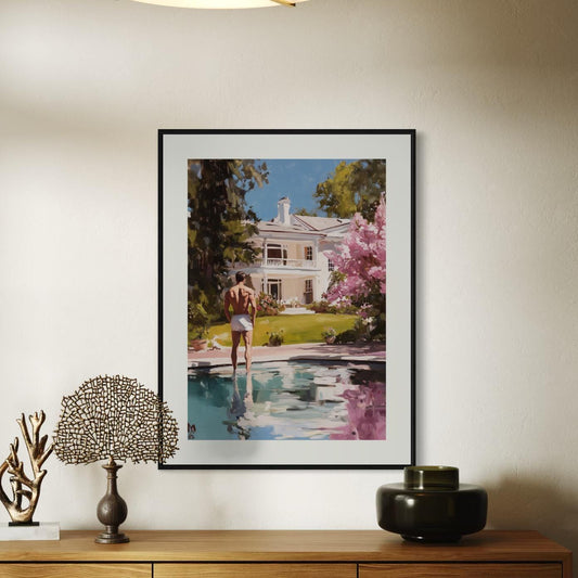 Reflections of Desire – LGBTQ+ Oil Painting Print | Gay Art Print | Queer Luxury Aesthetic | Poolside Elegance | 200gsm Unframed Print