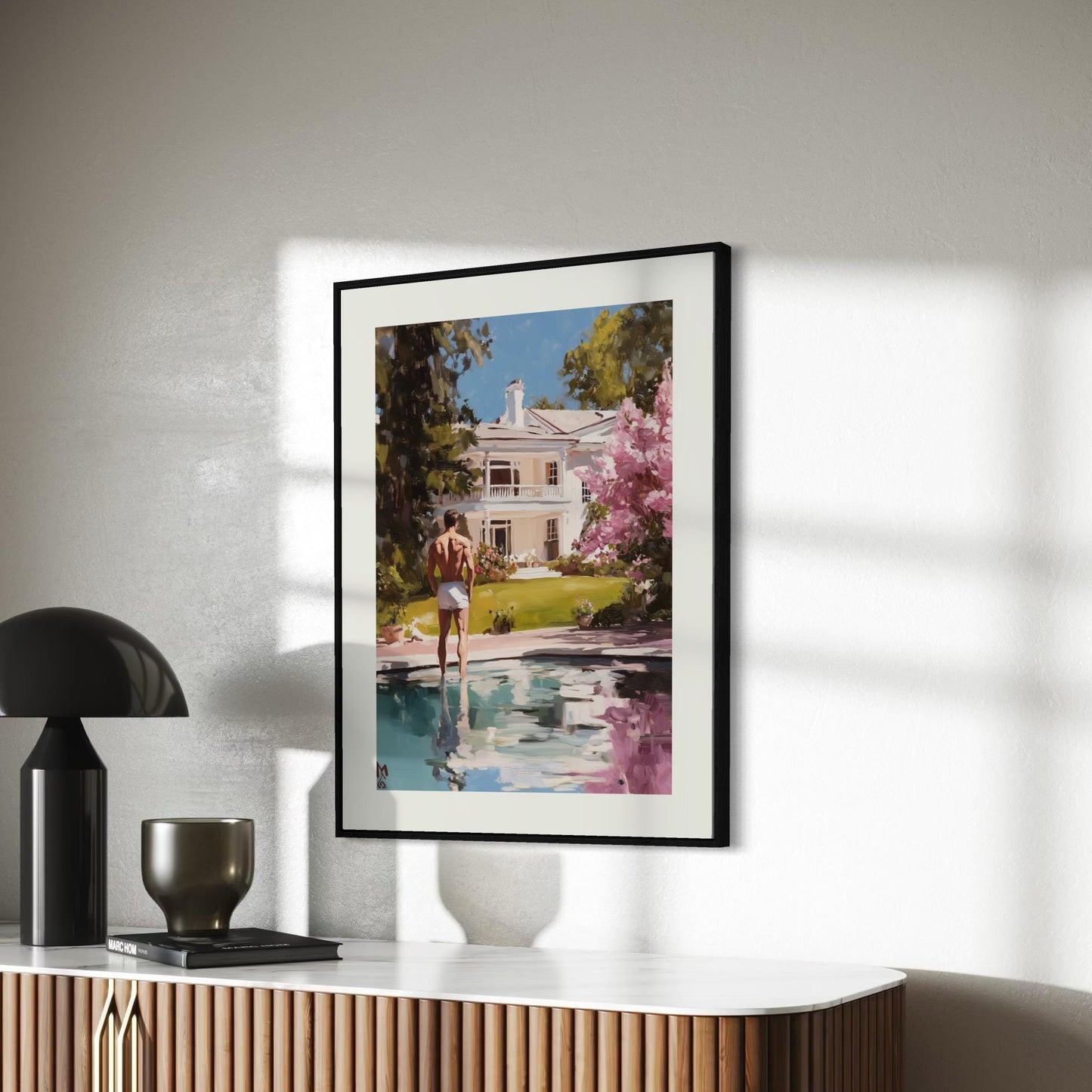 Reflections of Desire – LGBTQ+ Oil Painting Print | Gay Art Print | Queer Luxury Aesthetic | Poolside Elegance | 200gsm Unframed Print