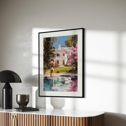 Reflections of Desire – LGBTQ+ Oil Painting Print | Gay Art Print | Queer Luxury Aesthetic | Poolside Elegance | 200gsm Unframed Print