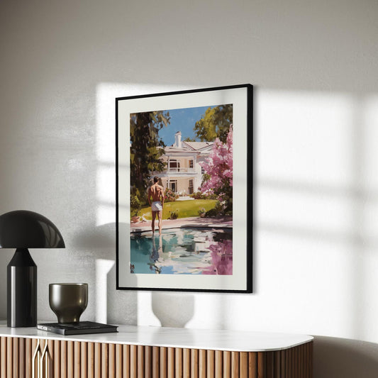 Reflections of Desire – LGBTQ+ Oil Painting Print | Gay Art Print | Queer Luxury Aesthetic | Poolside Elegance | 200gsm Unframed Print