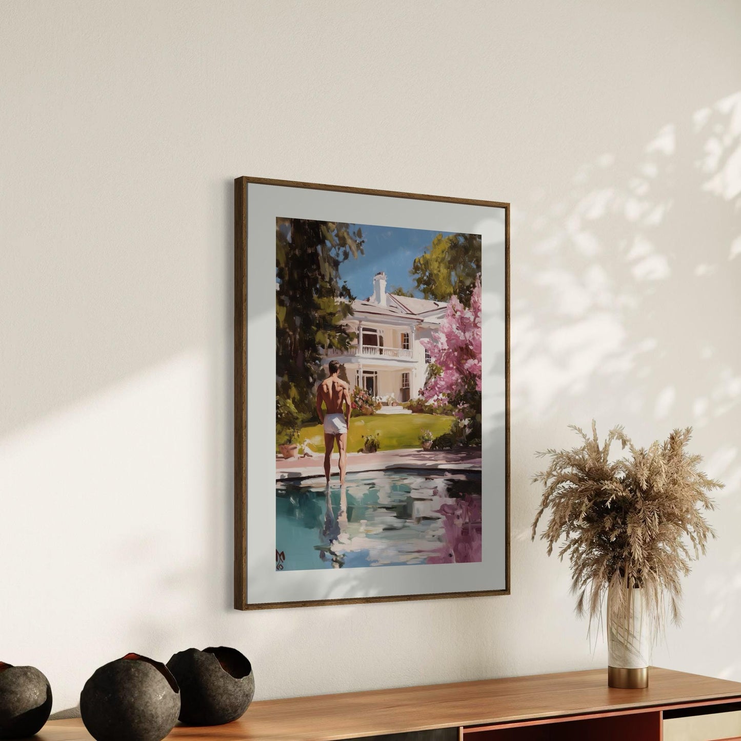 Reflections of Desire – LGBTQ+ Oil Painting Print | Gay Art Print | Queer Luxury Aesthetic | Poolside Elegance | 200gsm Unframed Print