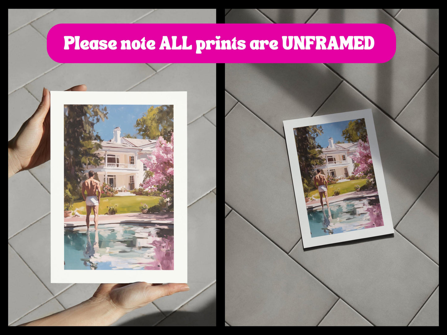 Reflections of Desire – LGBTQ+ Oil Painting Print | Gay Art Print | Queer Luxury Aesthetic | Poolside Elegance | 200gsm Unframed Print