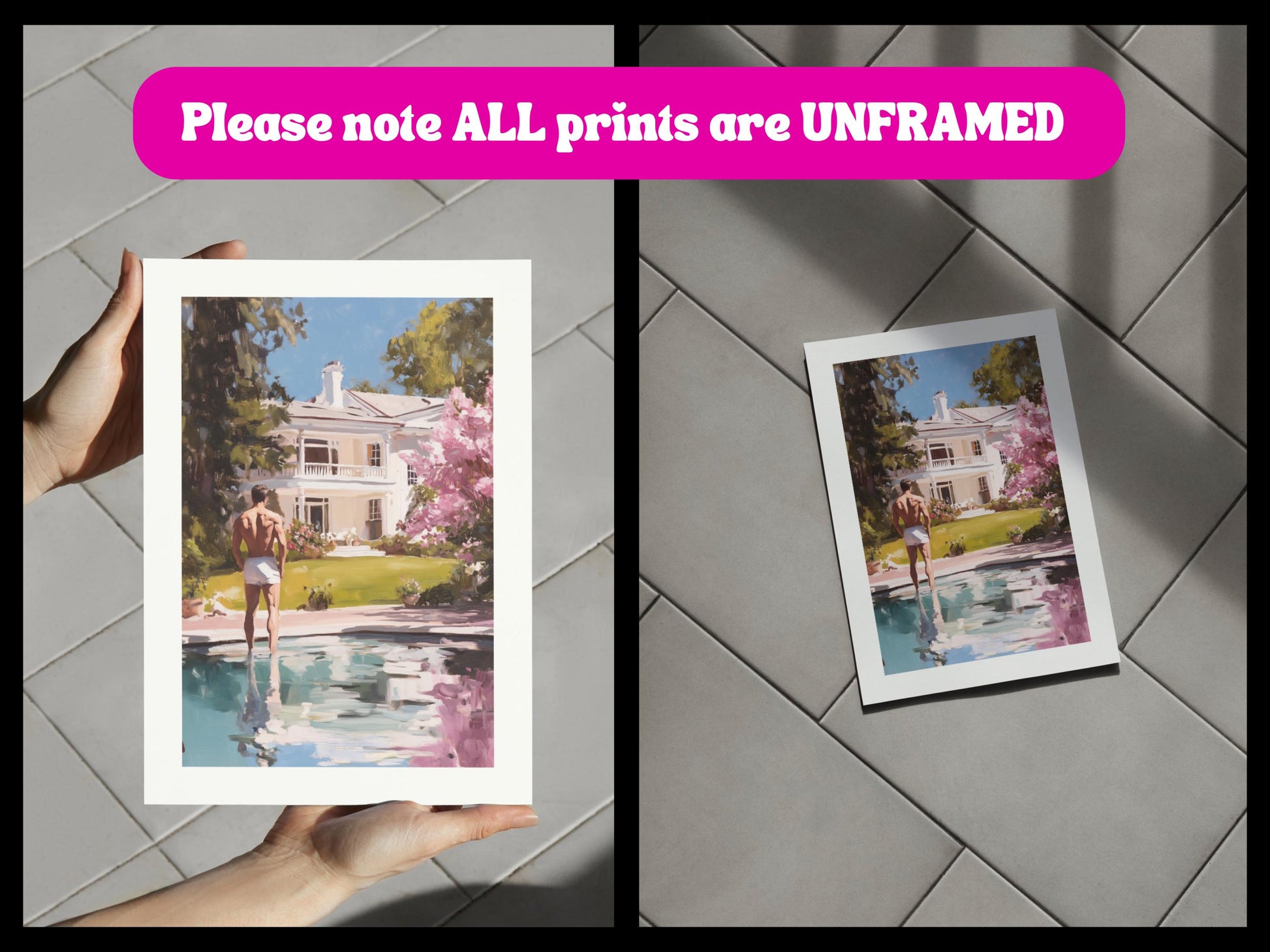 Reflections of Desire – LGBTQ+ Oil Painting Print | Gay Art Print | Queer Luxury Aesthetic | Poolside Elegance | 200gsm Unframed Print
