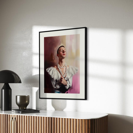 Pearl Daydream – Elegant Queer Oil Painting Print | LGBTQ+ Art | Vintage Glam Wall Art | Baroque Aesthetic | 200gsm Unframed Print