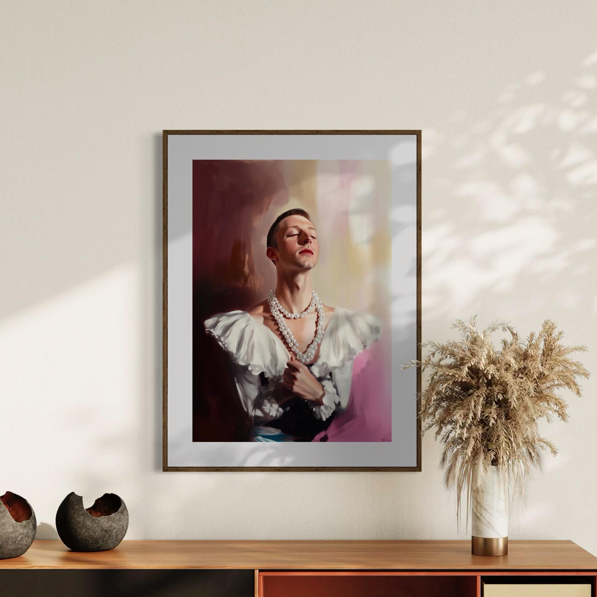Pearl Daydream – Elegant Queer Oil Painting Print | LGBTQ+ Art | Vintage Glam Wall Art | Baroque Aesthetic | 200gsm Unframed Print