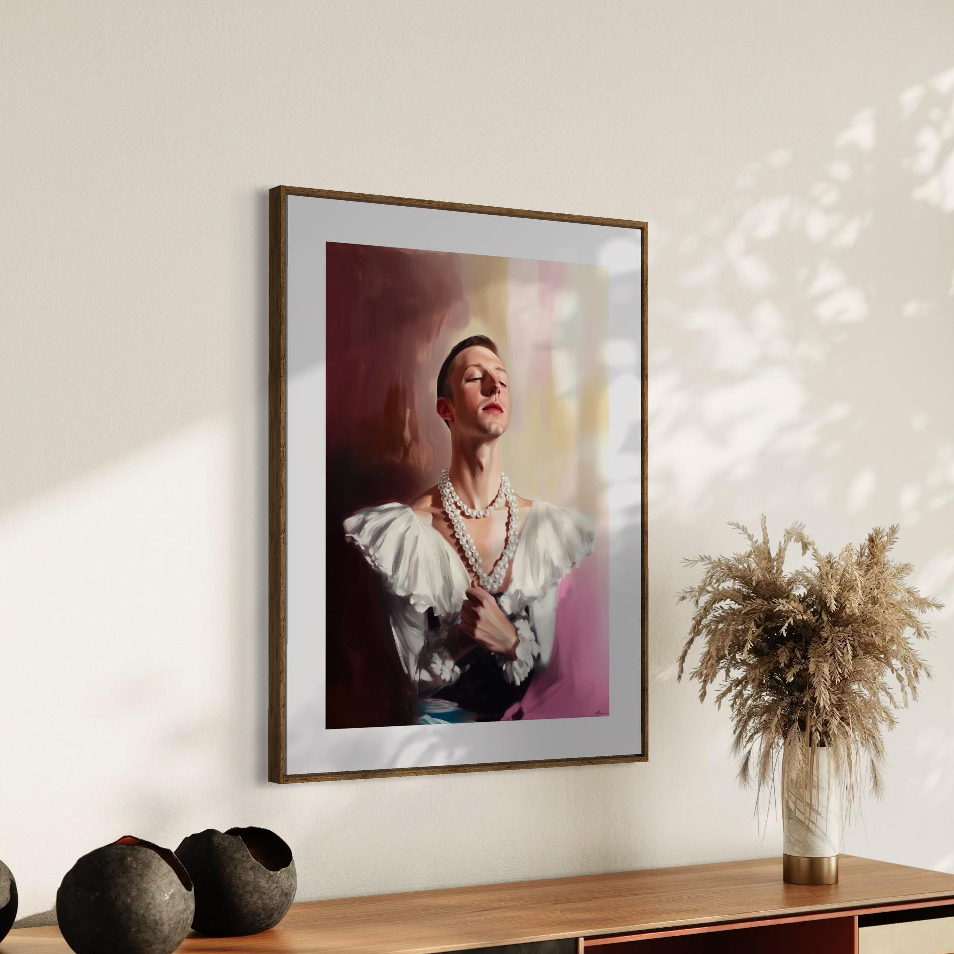 Pearl Daydream – Elegant Queer Oil Painting Print | LGBTQ+ Art | Vintage Glam Wall Art | Baroque Aesthetic | 200gsm Unframed Print