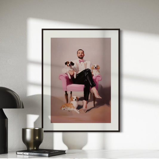 Paws & Poise – Queer Oil Painting Print | LGBTQ+ Art | Glamorous Gay Home Decor | Elegant Dog Lover Wall Art | 200gsm Unframed Print