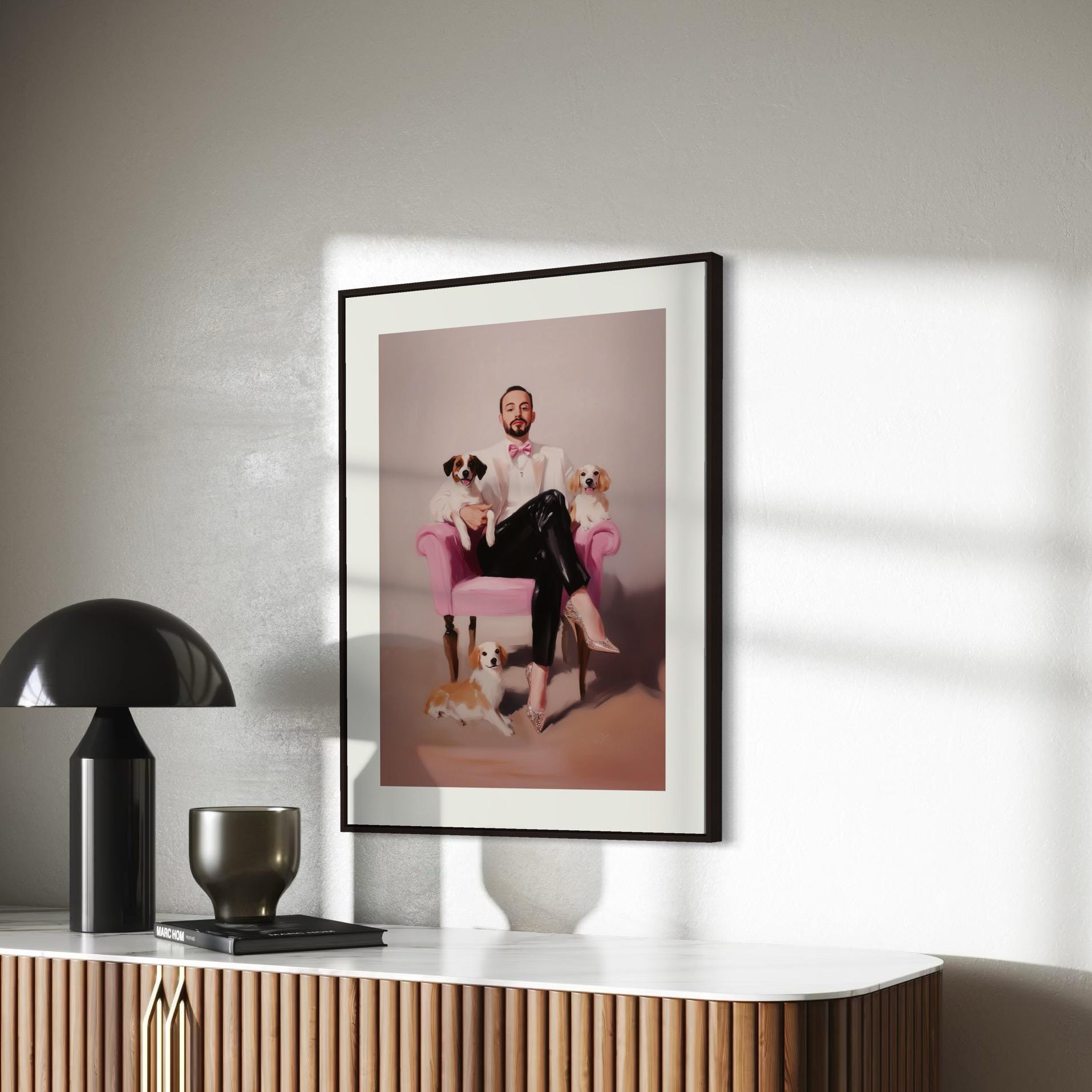 Paws & Poise – Queer Oil Painting Print | LGBTQ+ Art | Glamorous Gay Home Decor | Elegant Dog Lover Wall Art | 200gsm Unframed Print