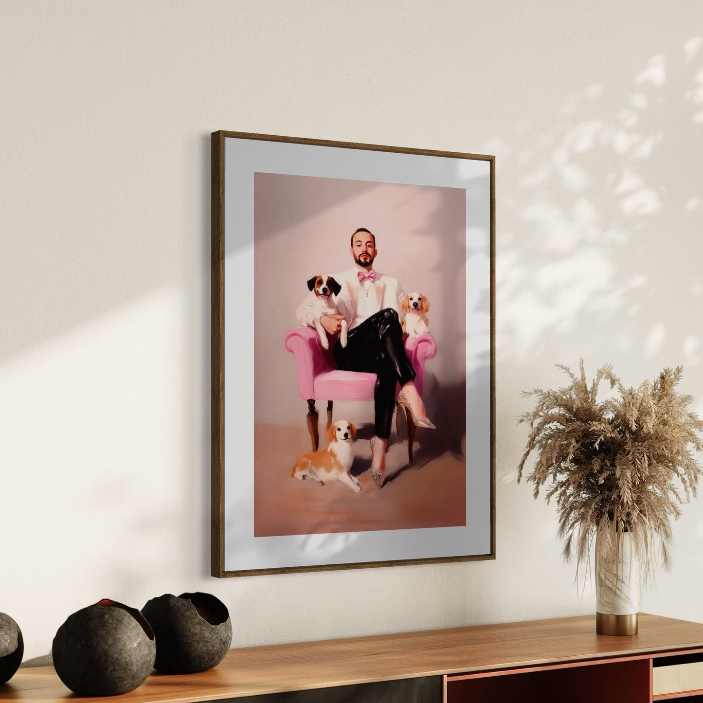 Paws & Poise – Queer Oil Painting Print | LGBTQ+ Art | Glamorous Gay Home Decor | Elegant Dog Lover Wall Art | 200gsm Unframed Print