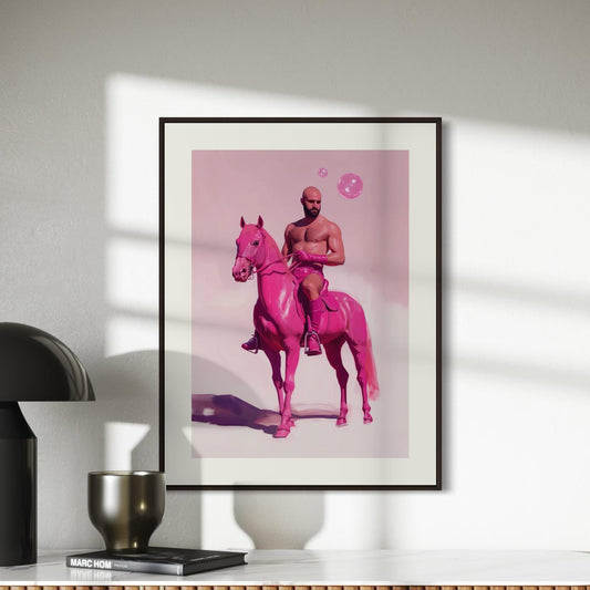 Pink Pony Fantasy – Queer Cowboy Art Print, Campy Horse Artwork, Gay Western Decor, Playful LGBTQ+ Wall Art, Bold & Flamboyant