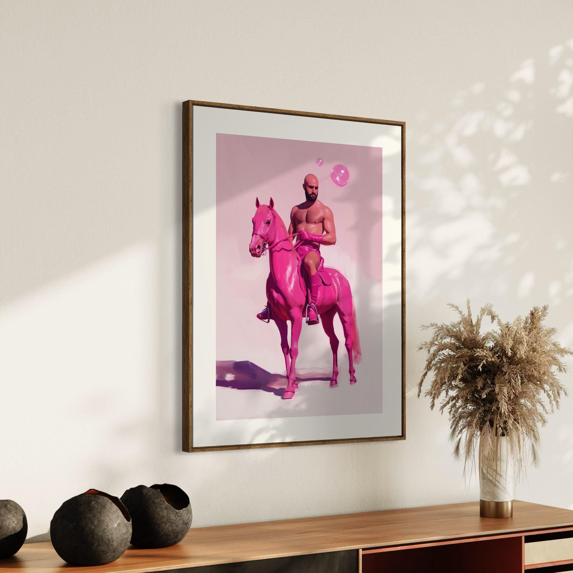 Pink Pony Fantasy – Queer Cowboy Art Print, Campy Horse Artwork, Gay Western Decor, Playful LGBTQ+ Wall Art, Bold & Flamboyant