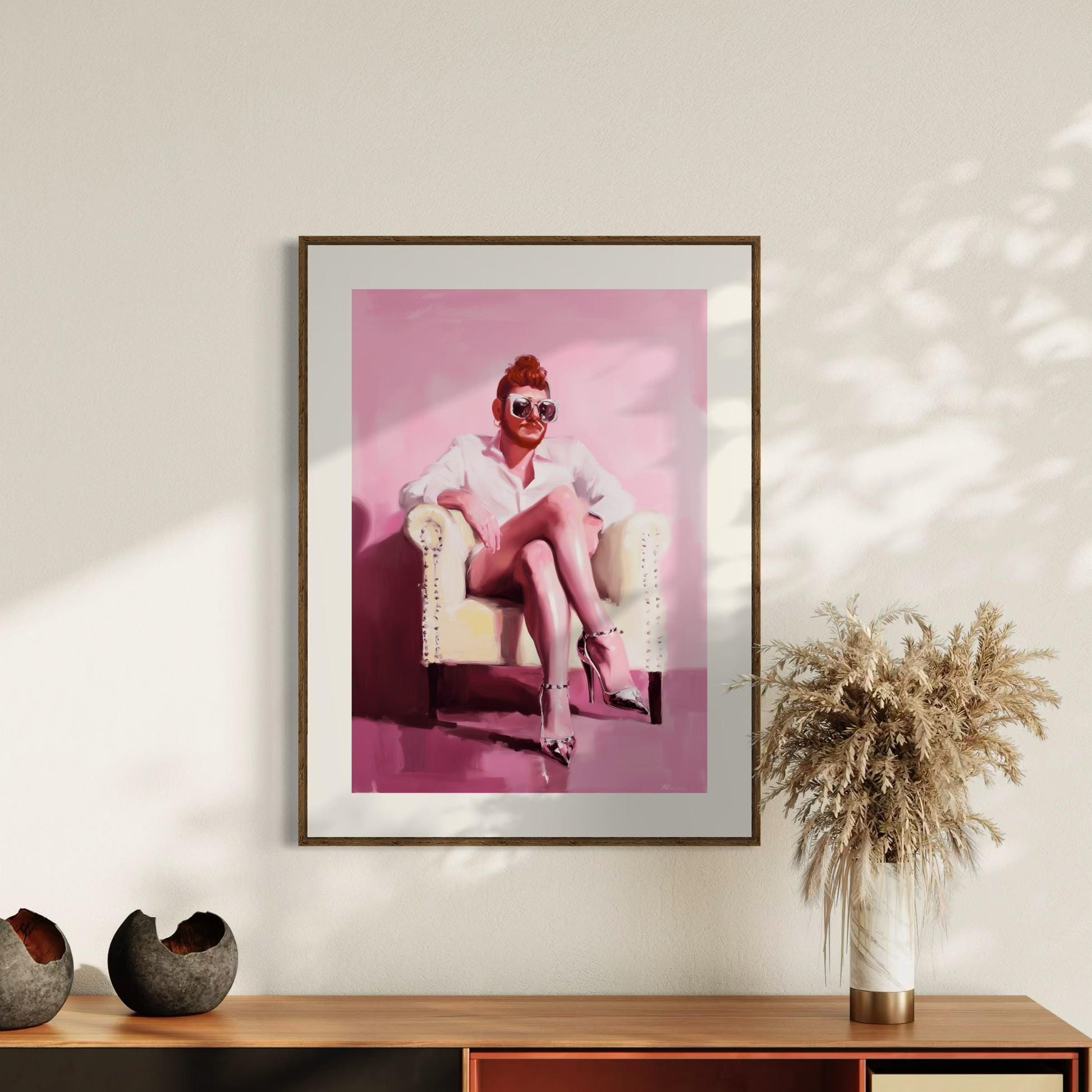 The Power Seat – Queer Oil Painting Print | Bold LGBTQ+ Art | Drag Glam Wall Decor | Androgynous Aesthetic | High Fashion Unframed Print